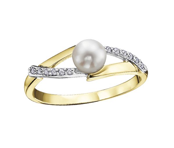 BAGUE EN OR 10K 2 TONS SERTIE D'UNE PERLE DE CULTURE ET DE DIAMANTS